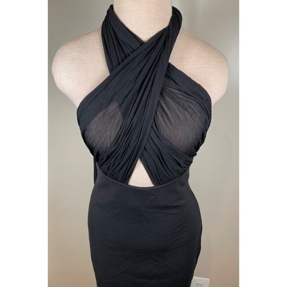 Helsa Amber Sheer Mesh Halterneck Tie Bodycon Black Maxi Dress Size Medium - Picture 4 of 7